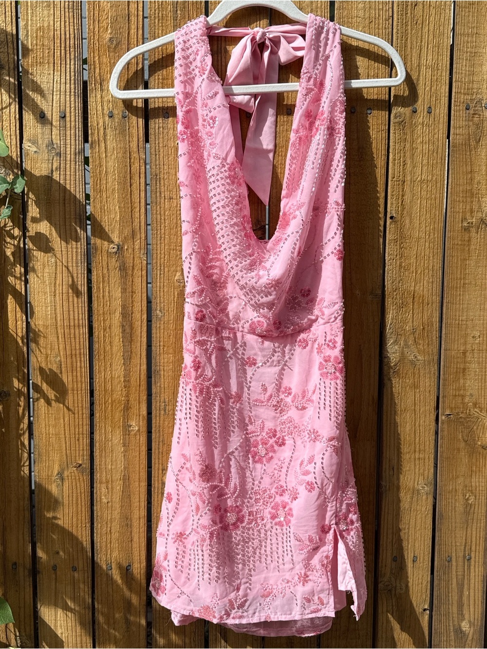 Baby Pink Beaded Halter Dress with Floral Detail